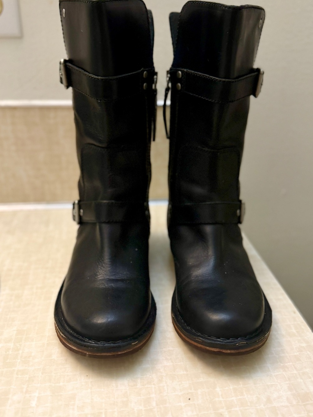 UGG Black Leather Mid-Calf Combat Boots with Buckle Straps